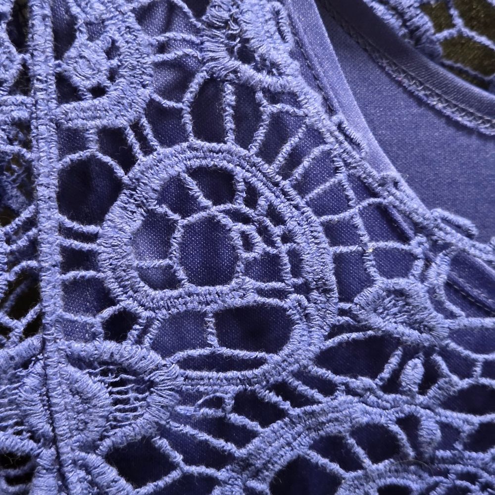 Jennie & Marlis Blue Floral Crochet Lace Top Boho Coastal Poetcore Laced Up Sz L - Picture 6 of 9